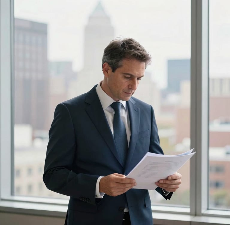A professional Newark attorney in a tailored navy suit reviewing case files by a large window overlooking the city, editorial photography, soft natural light.