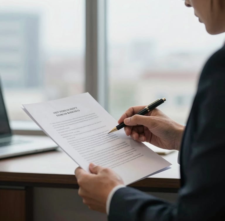 Close-up of an attorney reviewing legal documents in a Newark office, soft natural window light, muted corporate tones