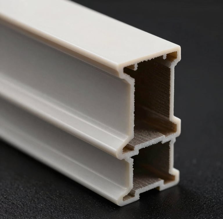 Orthographic close-up of a structural PVC profile cross-section, showing precise wall thickness and sharp geometric edges under high-contrast studio lighting.