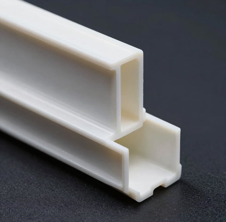 Orthographic macro shot of structural PVC profile cross-sections showing precise wall thickness, high-contrast studio lighting, sharp shadows, deep slate background.