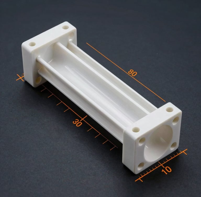 Top-down orthographic blueprint of a heavy-duty structural PVC extrusion profile, sharp white technical lines on a deep slate background, safety orange measurement callouts, high-contrast studio lighting.