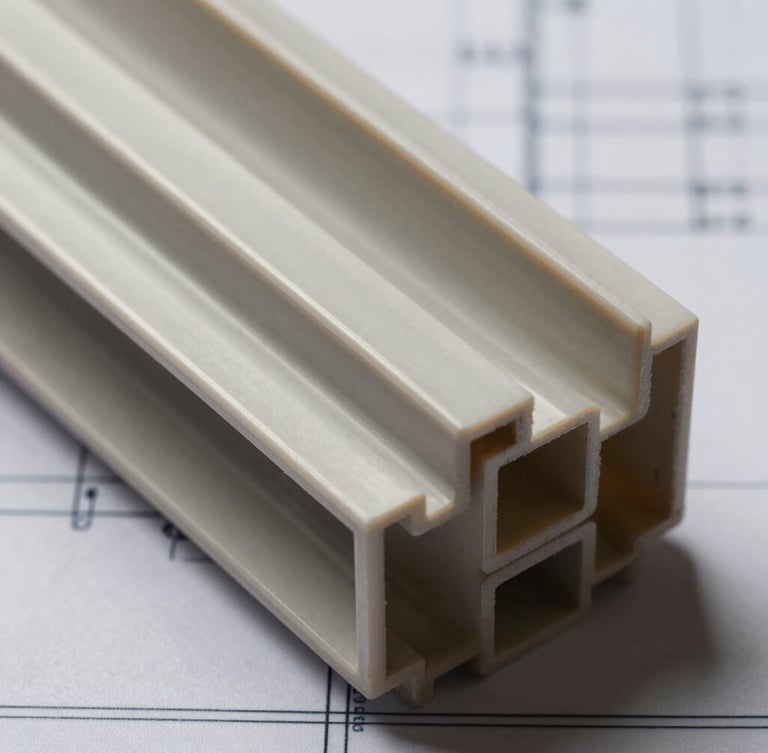 Orthographic top-down macro photograph of heavy-duty PVC structural profiles, showing thick walls and precise geometric cross-sections, blueprint lines in background, high-contrast studio lighting.