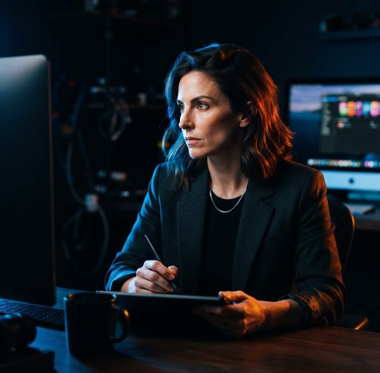 Dramatic low-key portrait of a modern creative director in a dark studio, electric blue and orange rim lighting, sharp focus, 35mm lens