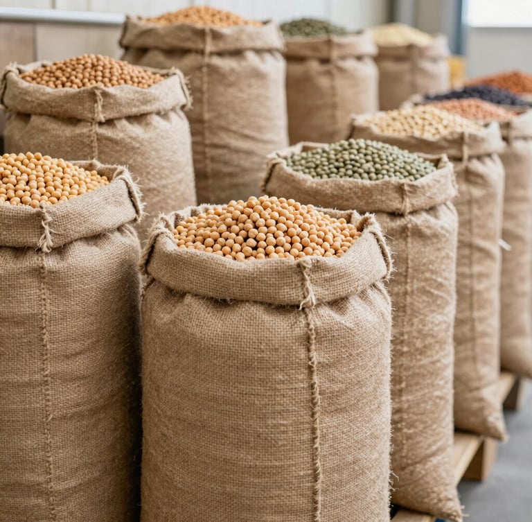 A towering vertical stack of clean burlap sacks filled with dry chickpeas and lentils, sharp focus on grain texture, bright natural warehouse lighting, high-contrast