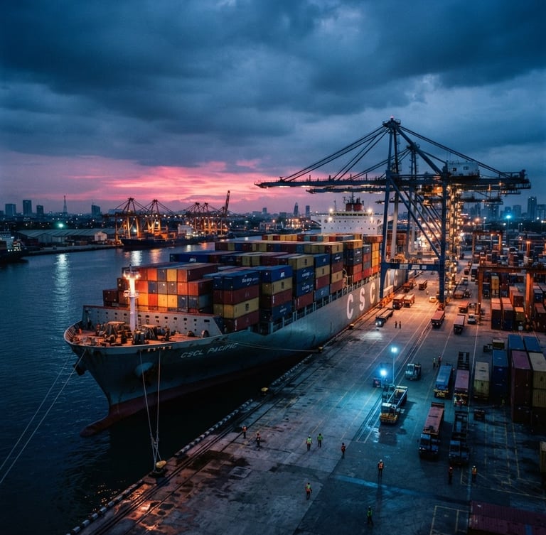 Wide-angle dramatic 35mm photograph of a massive container vessel docked at Jakarta port under overcast twilight, strong industrial high-contrast lighting with deep blue and magenta hues.
