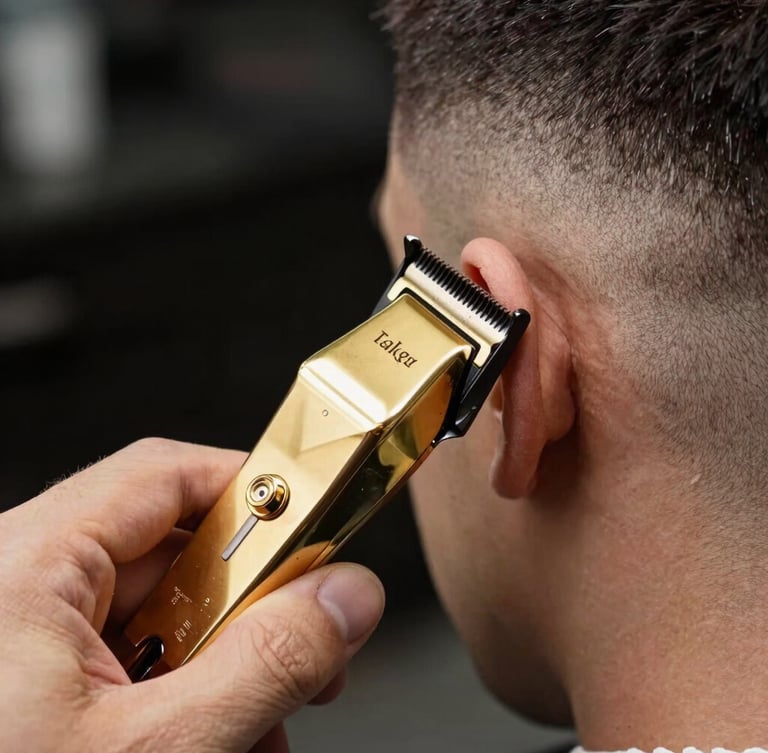 Macro close-up of a barber's hands holding professional gold clippers, cutting a crisp bald fade under sharp studio lighting
