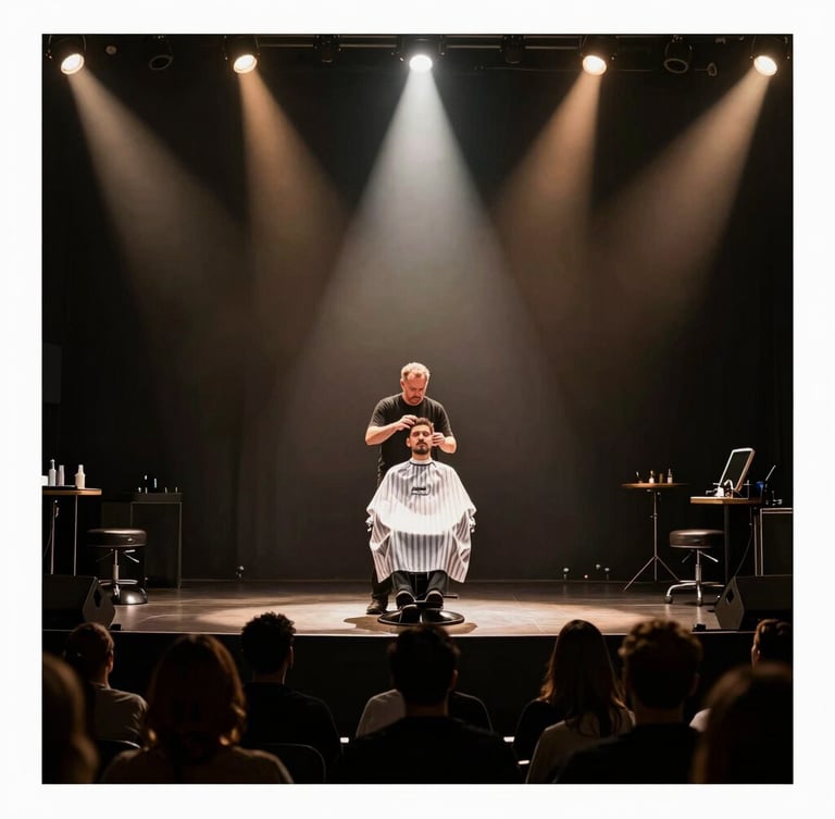 Low-angle dramatic shot of a master barber presenting on the main stage under a warm spotlight, silhouette of crowd in foreground.