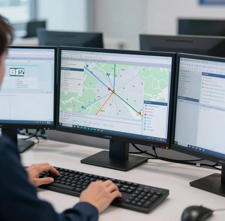 Medium close-up of a professional BTI2 LLC dispatcher at a modern workstation, focused on a multi-monitor route planning screen, cool-toned office interior lighting, sharp focus.