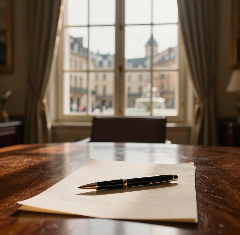 Elegant interior of a private family office boardroom, sunlit window overlooking a historic European city, a fountain pen resting on heavy archival paper, shallow depth of field, warm tones