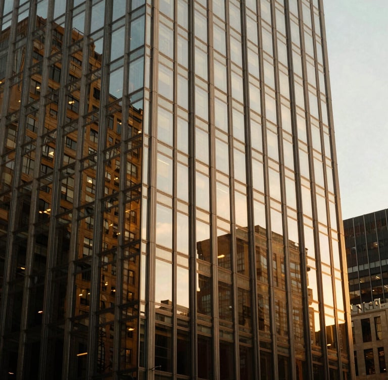 Architectural close-up of a modern glass skyscraper in Manhattan reflecting golden hour sunlight, sharp clean lines, luxury real estate aesthetic, shallow depth of field, 35mm