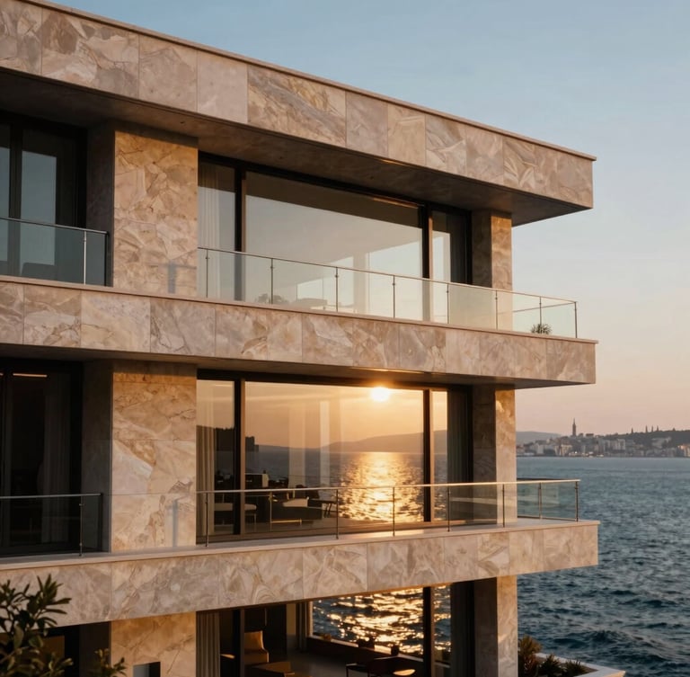 Architectural close-up of a modern luxury stone and glass villa on the Istanbul waterfront, golden-hour window light reflecting off the sea, 35mm