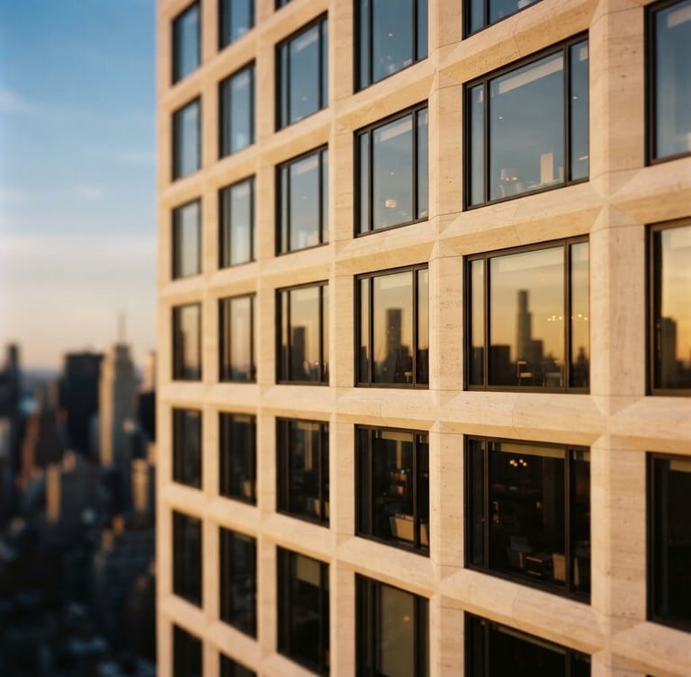 Architectural close-up of a modern limestone and glass skyscraper in Manhattan, warm golden-hour light reflecting off the facade, 35mm, shallow depth of field