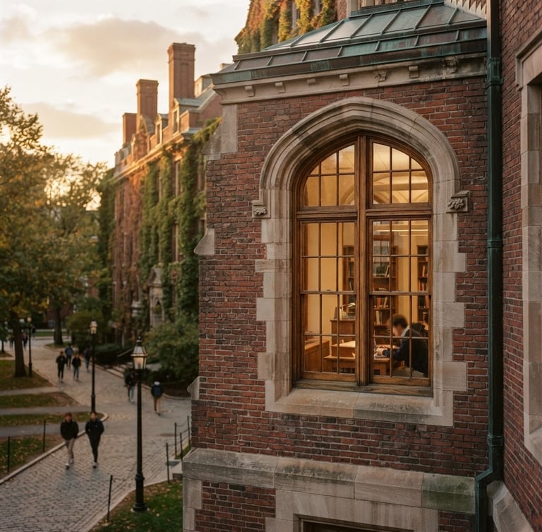 Warm editorial photography of a historic brick university campus in Boston, golden-hour window light, rich desaturated tones, architectural scale, shallow depth of field, 35mm