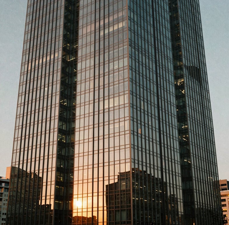 Abstract architectural detail of a towering glass skyscraper in Istanbul's financial district, warm sunset light casting long shadows, 35mm