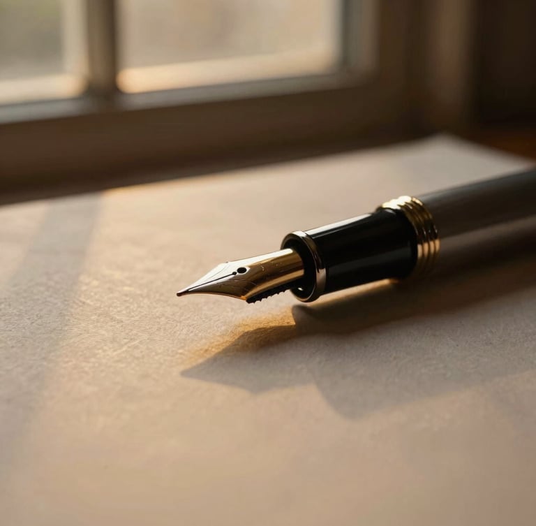 Tight macro detail of a fountain pen resting on heavy textured paper, warm golden-hour window light, shallow depth of field.