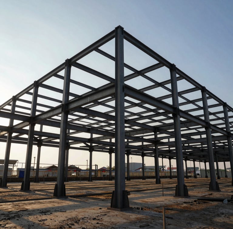 Wide-angle environmental shot of a massive steel framework under high-contrast late afternoon sun, deep shadows emphasizing raw materials.