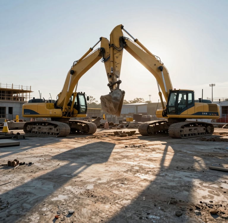 Extreme wide environmental shot of an active industrial construction site during early morning, long shadows casting over raw concrete foundations, heavy machinery in motion