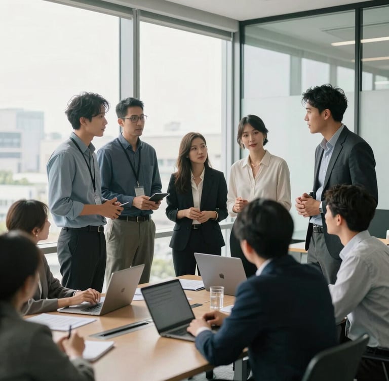 Medium-wide environmental shot of diverse corporate professionals collaborating in a bright, modern glass-walled office with soft natural daylight.
