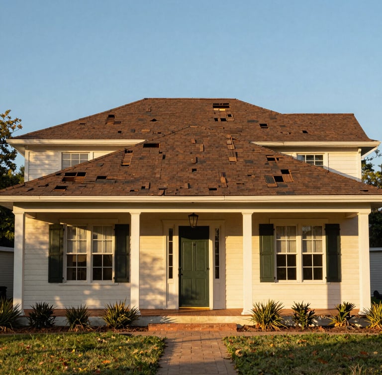 Wide-angle environmental shot of a historic home in Anna, Texas, with a newly repaired roof under bright, natural Texas sunlight, warm golden hour tones, sharp focus, 35mm architectural lens.