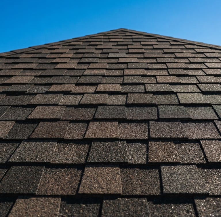Close-up of clean, new asphalt shingles on a residential roof under bright Texas sunlight, a clear blue sky in the background, showing texture and quality.