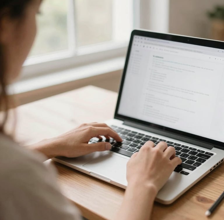 Over-the-shoulder shot of hands on a laptop keyboard, warm natural window light, clean and welcoming home office setup, shallow depth of field, 35mm