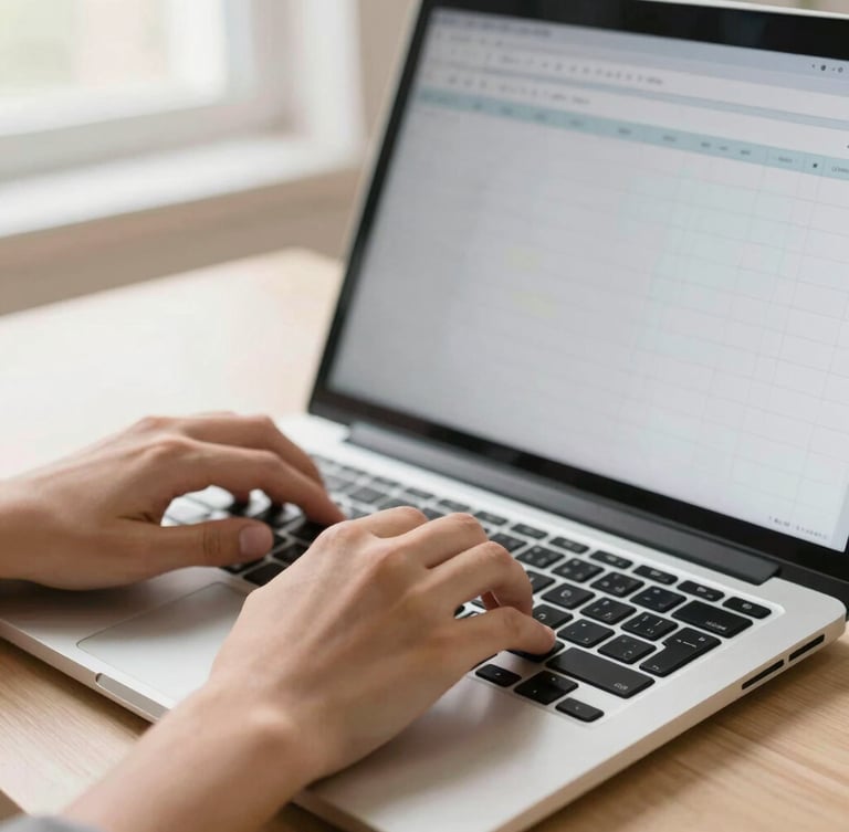 Close-up of hands typing on a laptop keyboard, clear screen showing a simple spreadsheet, warm morning daylight, clean desk setup, shallow depth of field