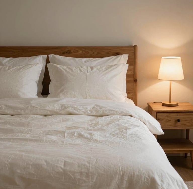 Straight-on eye-level shot of a neatly made, simple bedroom setup with soft cream linens, a natural wood bedside table, and a warm bedside lamp casting soft light.