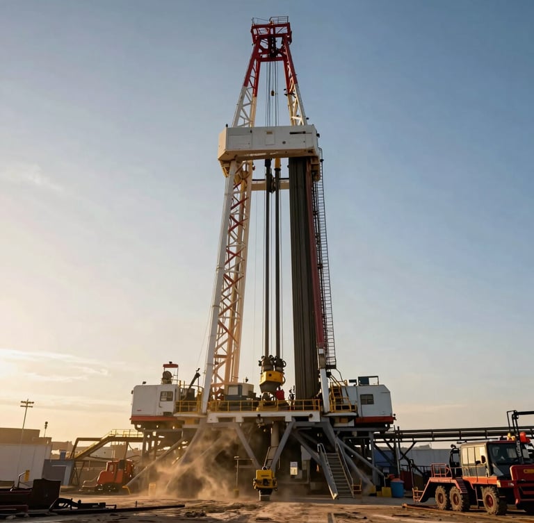 Extreme wide shot of a massive heavy drilling rig operating at golden hour on a civil engineering site, dust particles illuminated by sunlight, high-contrast industrial composition