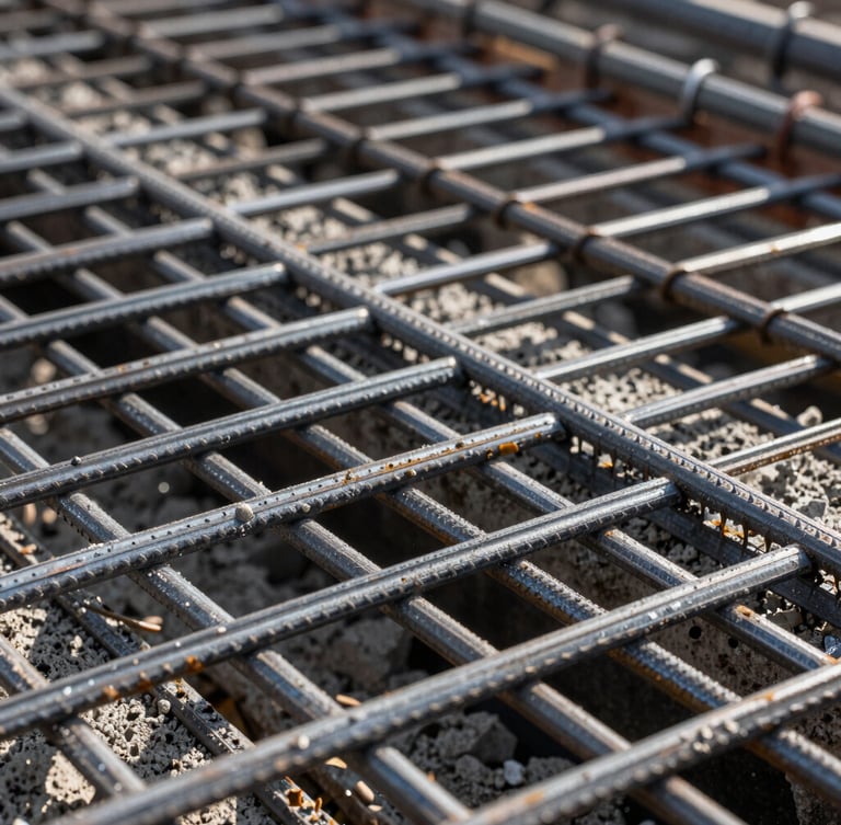 Macro high-contrast shot of heavy steel reinforcement mesh and raw concrete textures on an active industrial job site.