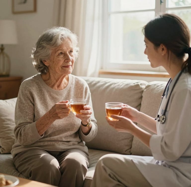 A warm, sunlit living room where an elderly woman and a caregiver sit together on a sofa, sharing a quiet moment over cups of tea. Soft natural window light, gentle muted earth tones, shallow depth of field, 35mm.
