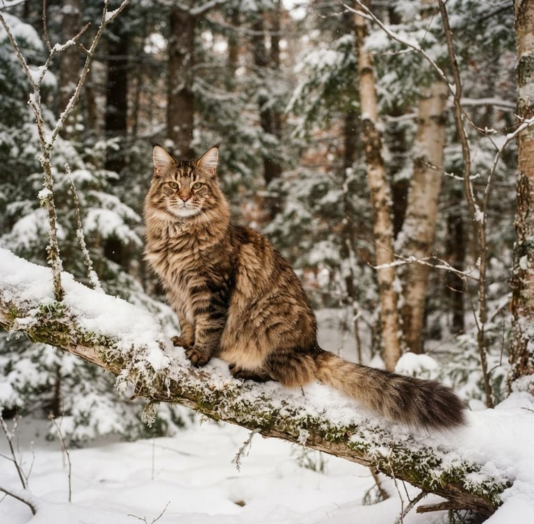 Wide panoramic New England winter forest, a majestic Maine Coon cat with prominent ear tufts and square muzzle, sitting on a snow-covered branch, soft natural window light, rich forest tones.