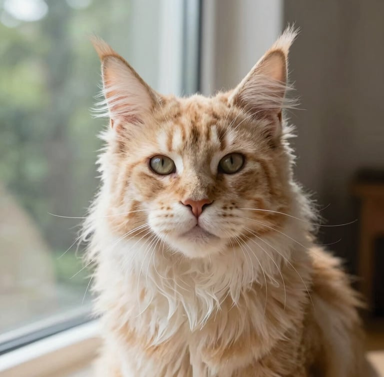 Eye-level portrait of Quentin Duke, a large cremetabby bicolour Maine Coon, looking directly at the camera, showcasing his square muzzle and prominent ear tufts, soft velvety fur, natural window light, rich forest and cream tones, shallow depth of field, 35mm.