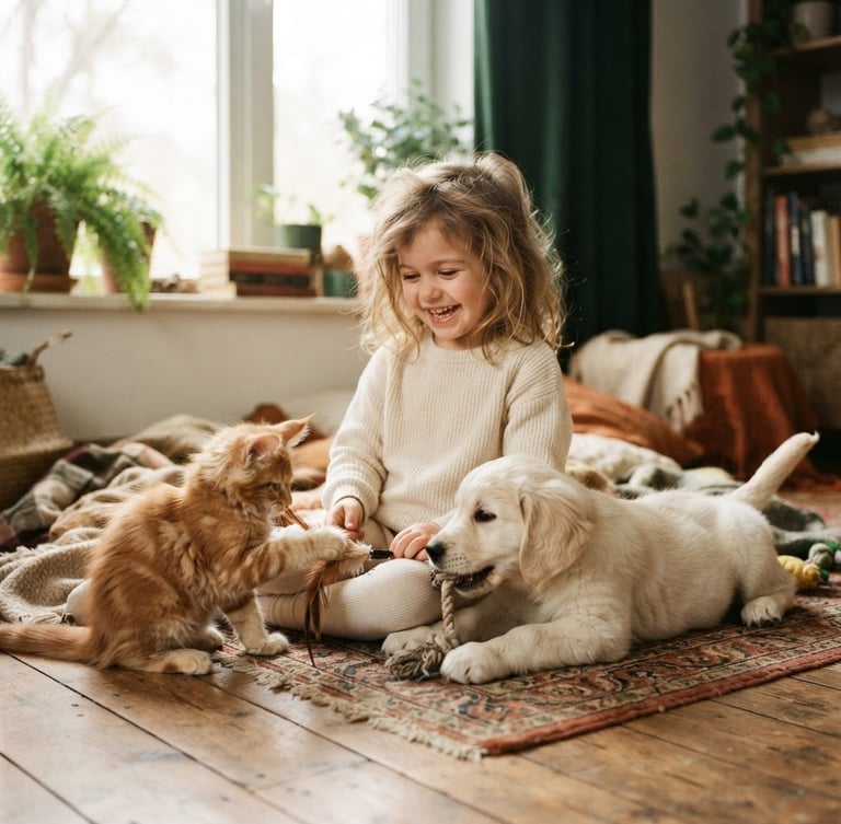 Maine Coon kittens playing gently with a child and a golden retriever puppy in warm natural window light, soft focus, 35mm
