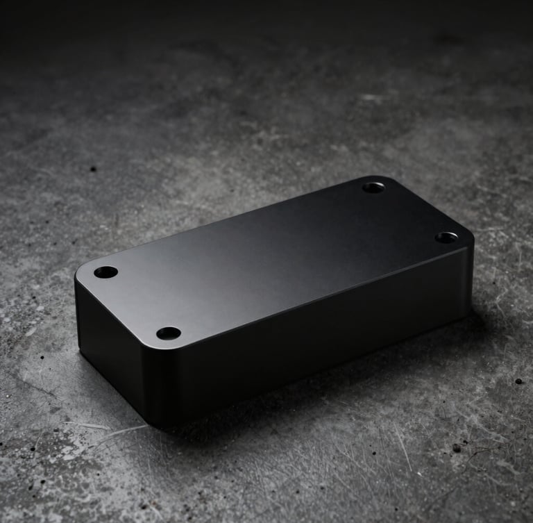 Premium product photography of a matte-finished black aluminum object resting on raw concrete, low-key studio lighting, sharp focus, 85mm