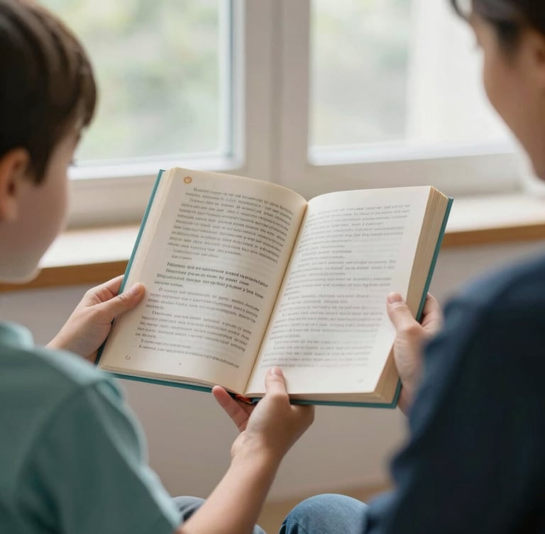 Eye-level medium close-up of a child's hands holding an open bilingual book, soft natural light, shallow depth of field, over-the-shoulder shot of a teacher guiding.