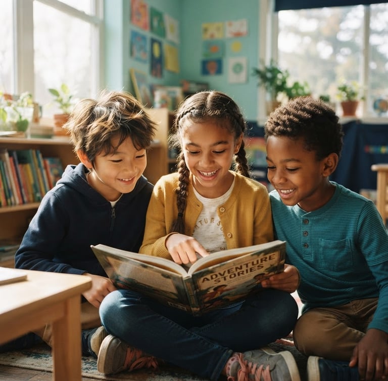 Warm, candid photo of diverse elementary school children reading together in a sun-drenched classroom, eye-level medium close-up, natural light, shallow depth of field, soft teal and navy undertones.