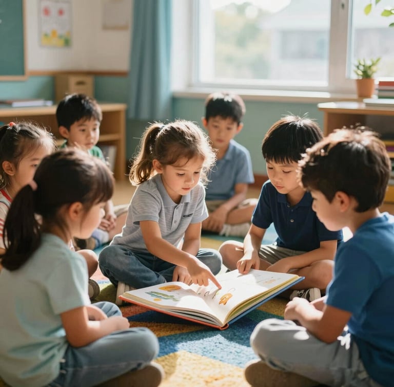 A diverse group of elementary school children, 6-8 years old, sitting together on a colorful rug in a classroom, engaged in reading a large bilingual storybook. One child points to a word, another listens intently. Warm, natural classroom light streams from a window, creating soft shadows. Shallow depth of field, 35mm.