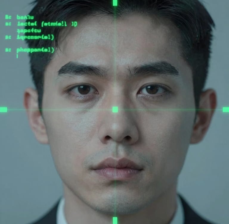 Webcam-style close-up of a focused candidate face, desaturated teals, with overlaying glowing green calibration lines and monospace scoring telemetry.