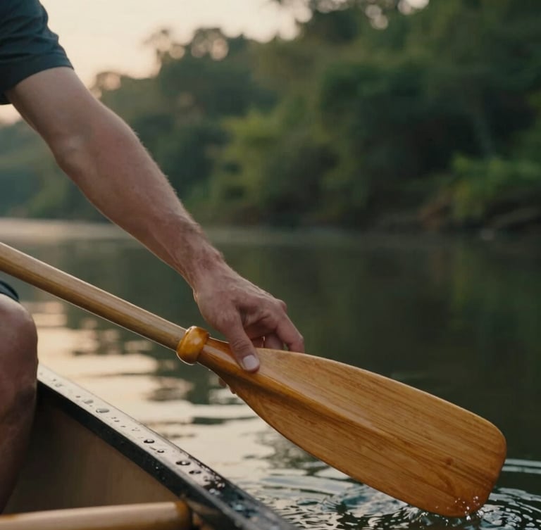 Close-up of a hand gently touching a wooden canoe paddle, soft golden hour light, blurred serene river in the background, atmospheric outdoor photography, 35mm.