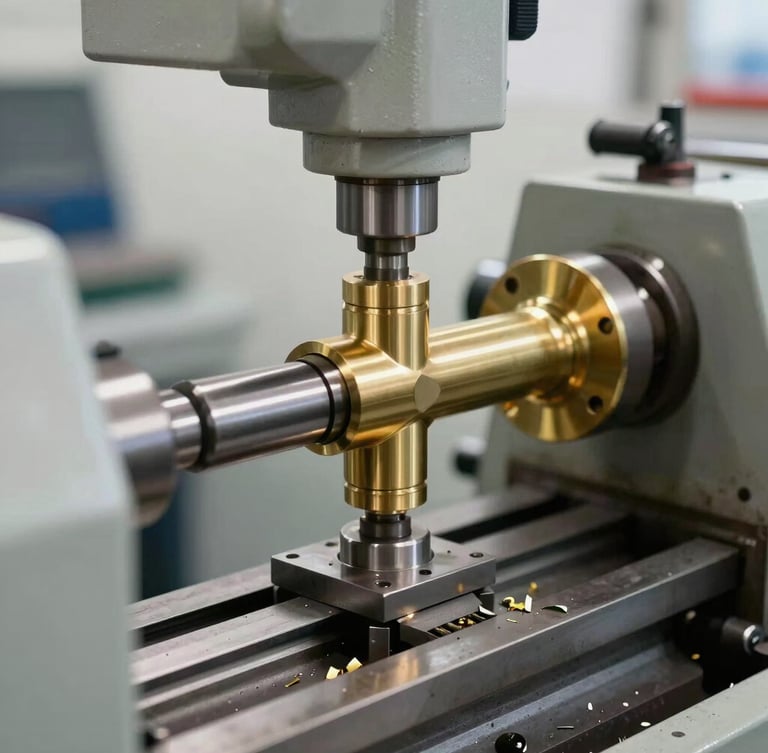 A close-up of a precision metal lathe turning a brass floor lamp joint in a clean factory workshop, bright daylight, metallic shavings, sharp focus, 35mm