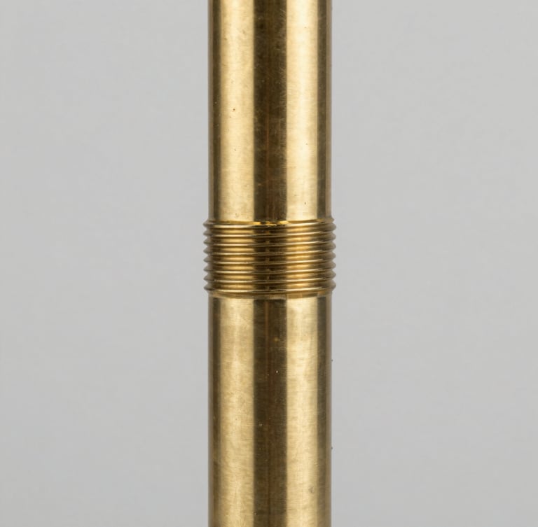 Macro close-up of a brushed brass floor lamp joint, showing precision threading and seamless metallic finish, clean industrial lighting