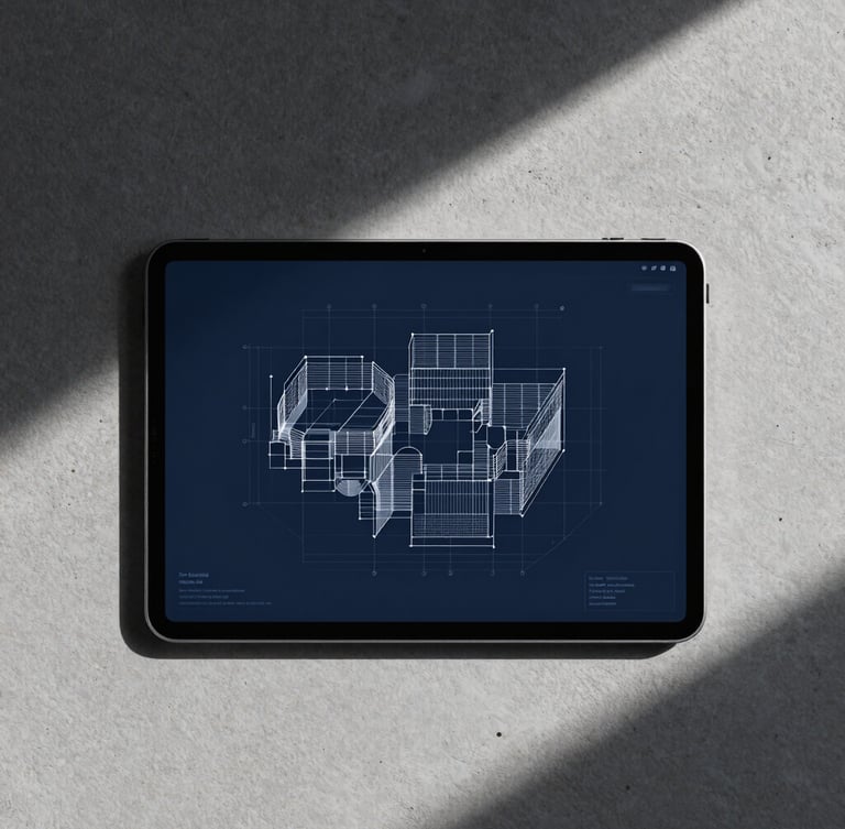 Top-down flat lay of a modern Android tablet displaying a highly structured wireframe blueprint, resting on a clean concrete drafting table, sharp dramatic side-lighting casting geometric shadows, cool slate tones