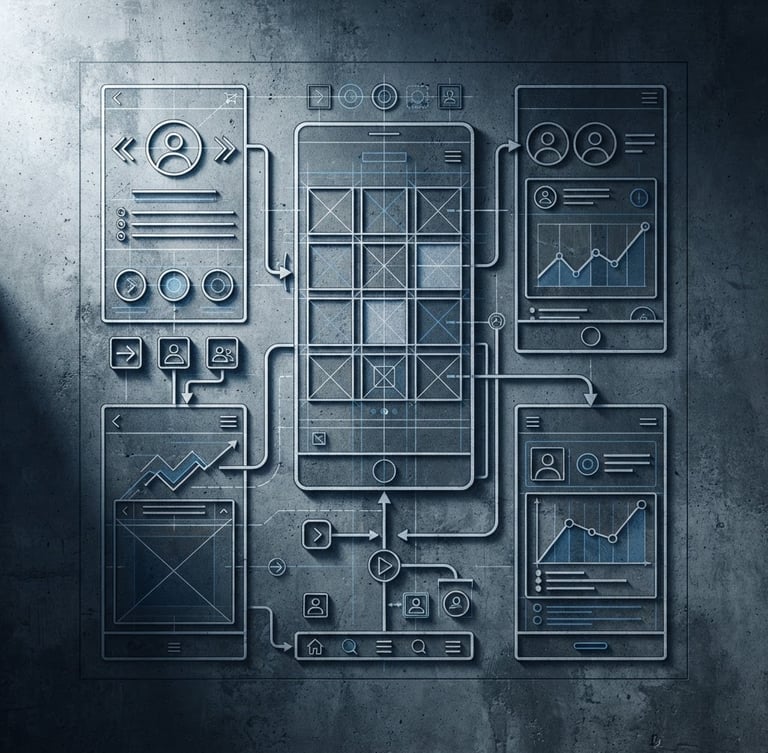 Top-down orthographic blueprint of a mobile application interface on a concrete drafting table, sharp dramatic side-lighting casting geometric shadows, slate tones.