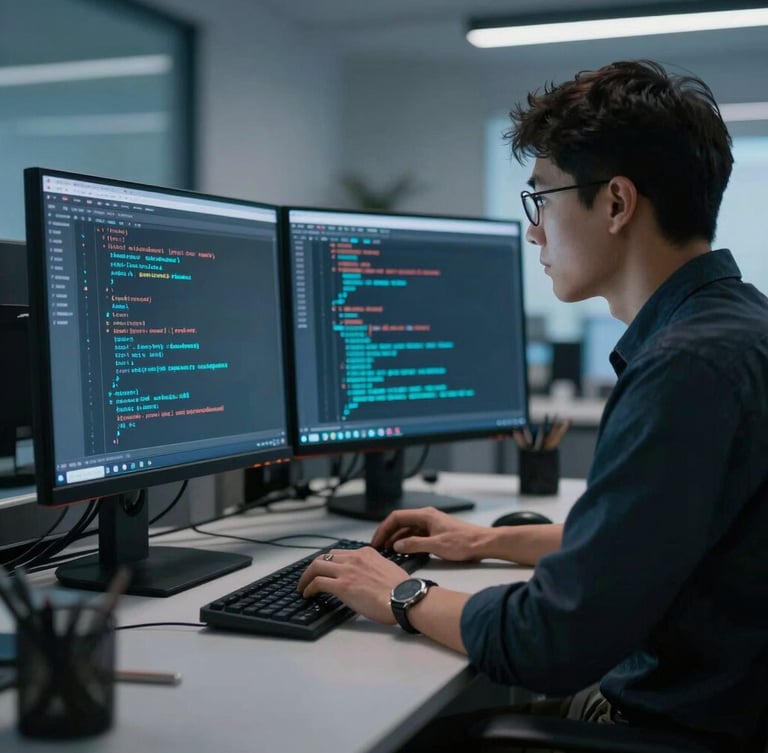 Fotografía editorial de un ingeniero de software en una oficina de tonos fríos y alto contraste, analizando estructuras de datos complejas en un monitor, lente de 35mm, enfoque nítido.