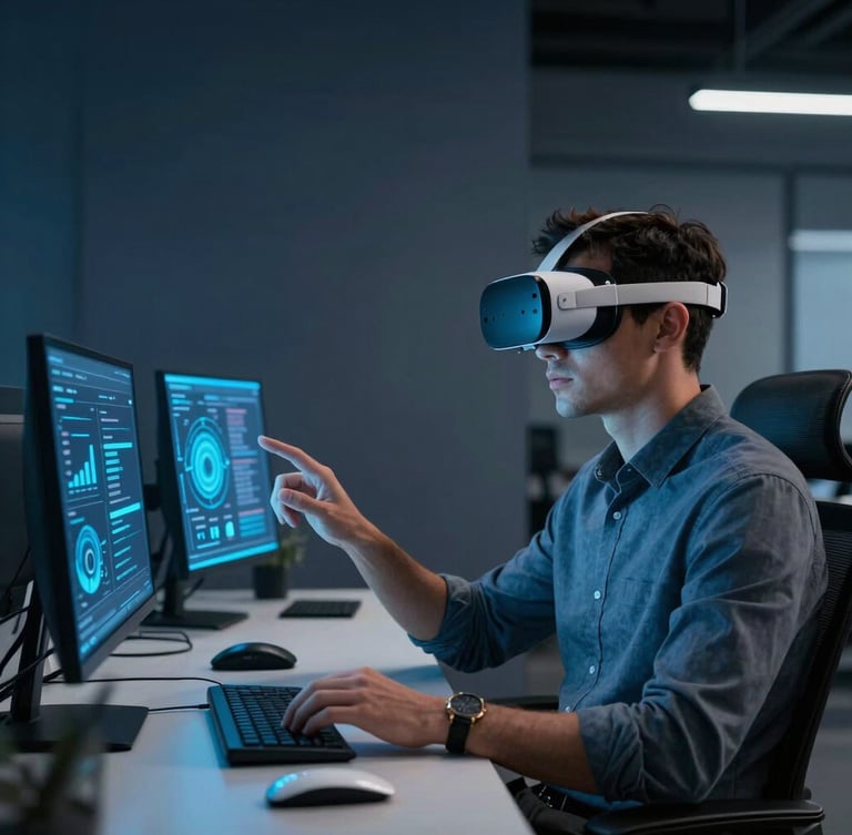 Fotografía de un espacio de trabajo moderno con iluminación sutil en azul eléctrico, un profesional concentrado utilizando un visor de realidad aumentada para interactuar con interfaces digitales.