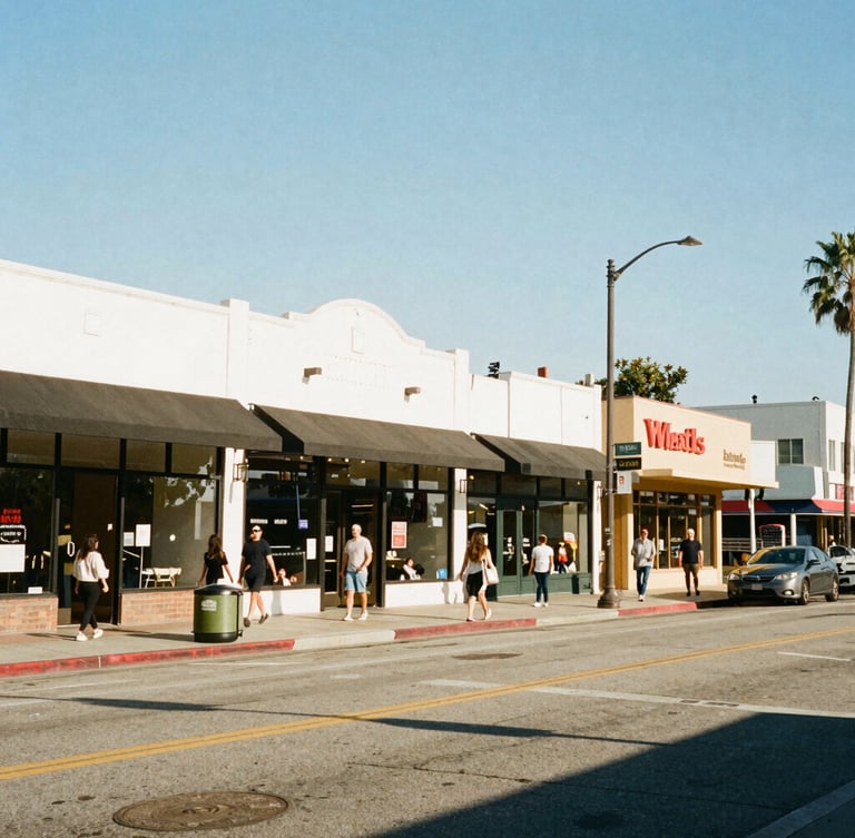 Street-level view of Sawtelle Boulevard storefronts in bright Southern California afternoon sun, pedestrians walking, warm 35mm film look