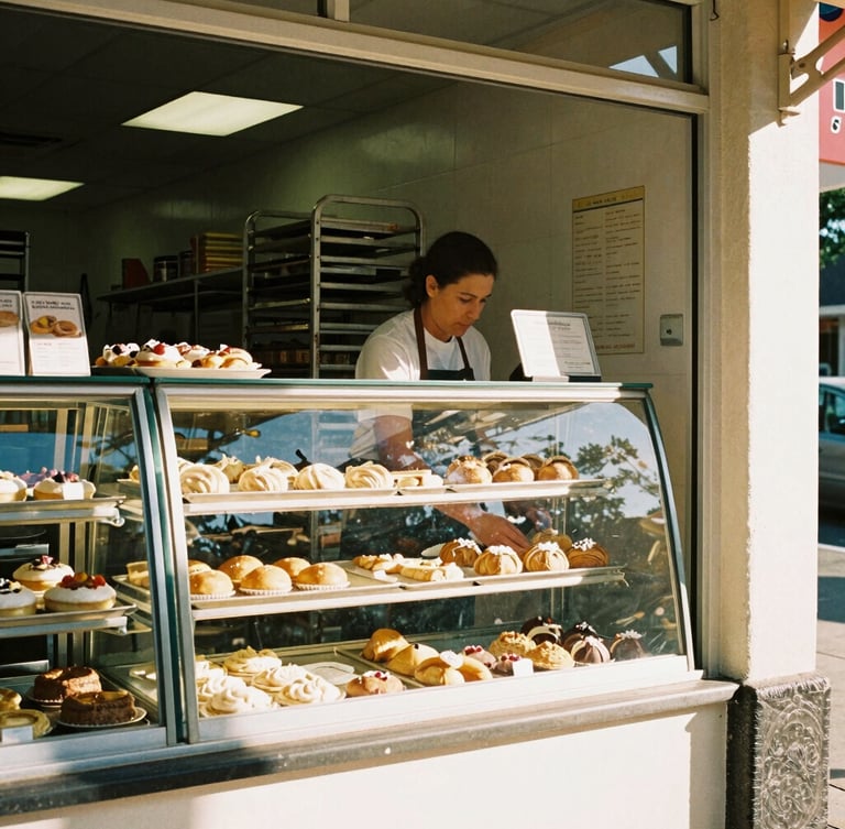 A medium shot of a local bakery owner placing fresh pastries in a display case, warm afternoon sun streaming through the window, 35mm film look.