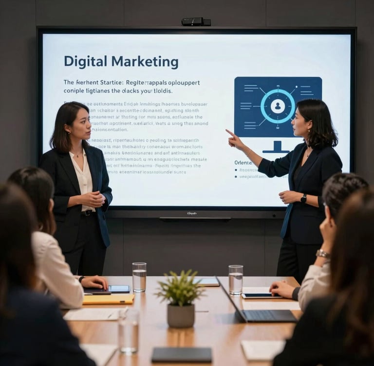 Wide environmental shot of a modern Indonesian corporate boardroom, collaborative team of executives analyzing data visualization on a large digital screen, cool natural daylight with subtle blue screen reflections.