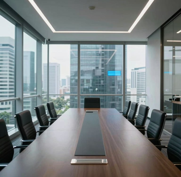 Wide angle shot of a modern Jakarta corporate boardroom with cool natural daylight, glass walls reflecting subtle blue screen light, clean and professional setting.