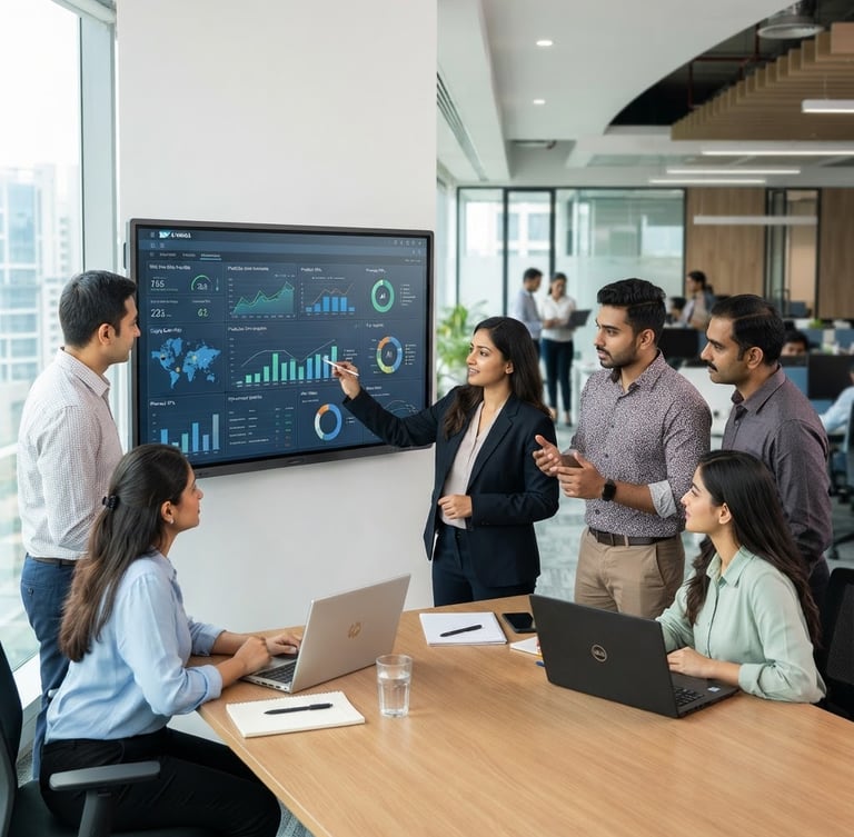 Professional Indian corporate environment, diverse team collaborating around a large screen displaying SAP S/4HANA dashboard with AI integration elements, bright office lighting, sharp focus.